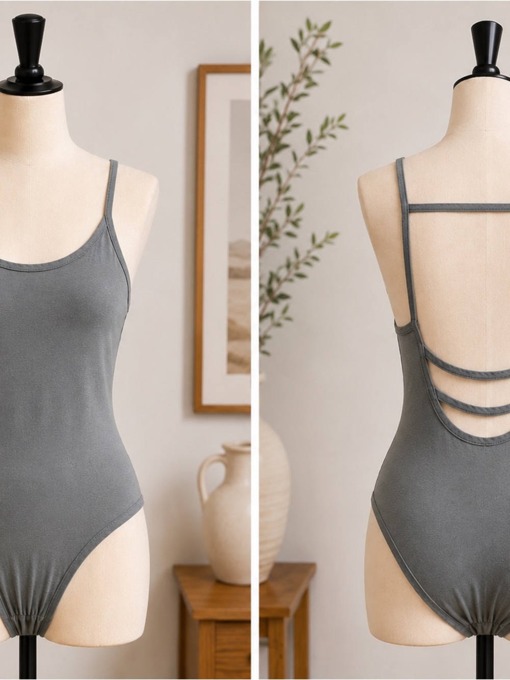 Poof! Charcoal Gray Strappy Open-Back Bodysuit